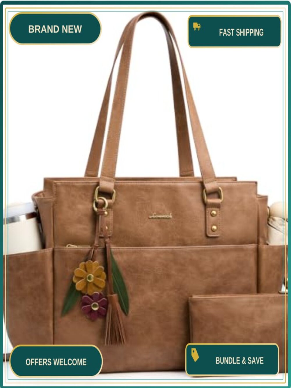 Faux Leather Laptop Tote Bag for Women with Clutch
